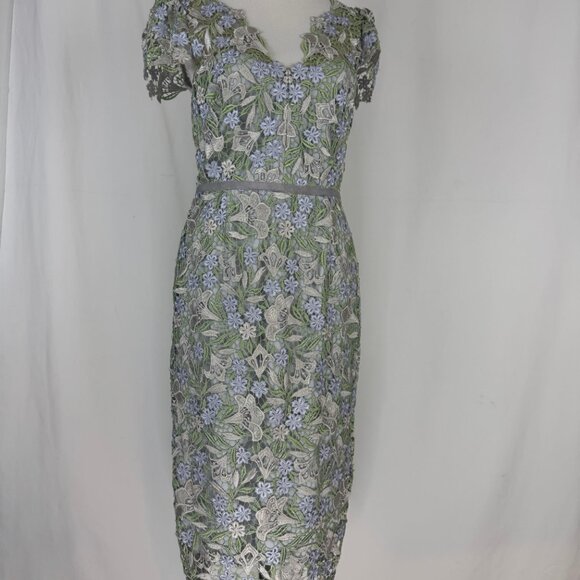 Marchesa Notte Ice Bell Bloom Sheath Crochet Overlay Dress Muted Blue 6 Small - Picture 5 of 16